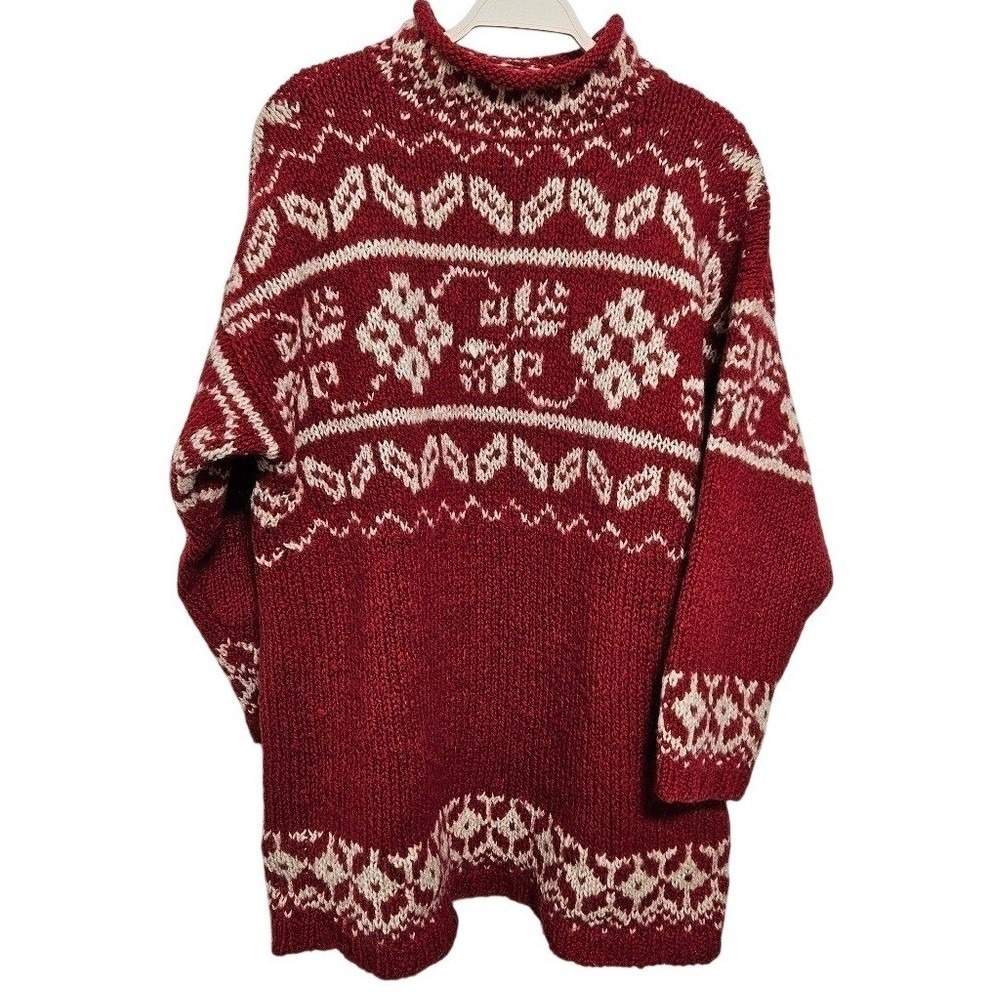 Vintage Express Tricot 100% Wool Fair Isle Sweater 3D Knit Roll Neck Relaxed L